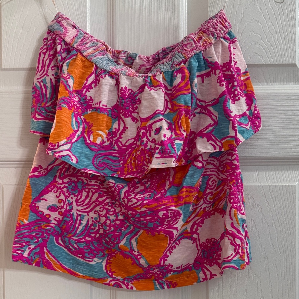 Women’s Strapless Ruffle Top in Pink Multi